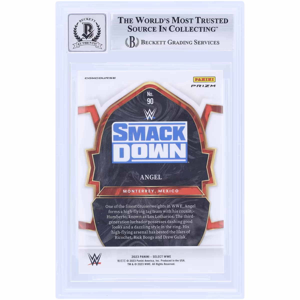 Angel Garza WWE Autographed 2023 Panini Select Red & Blue #90 Beckett Fanatics Witnessed Authenticated 10 Card 3 Angel Garza WWE Autographed 2023 Panini Select Red & Blue #90 Beckett Fanatics Witnessed Authenticated 10 Card