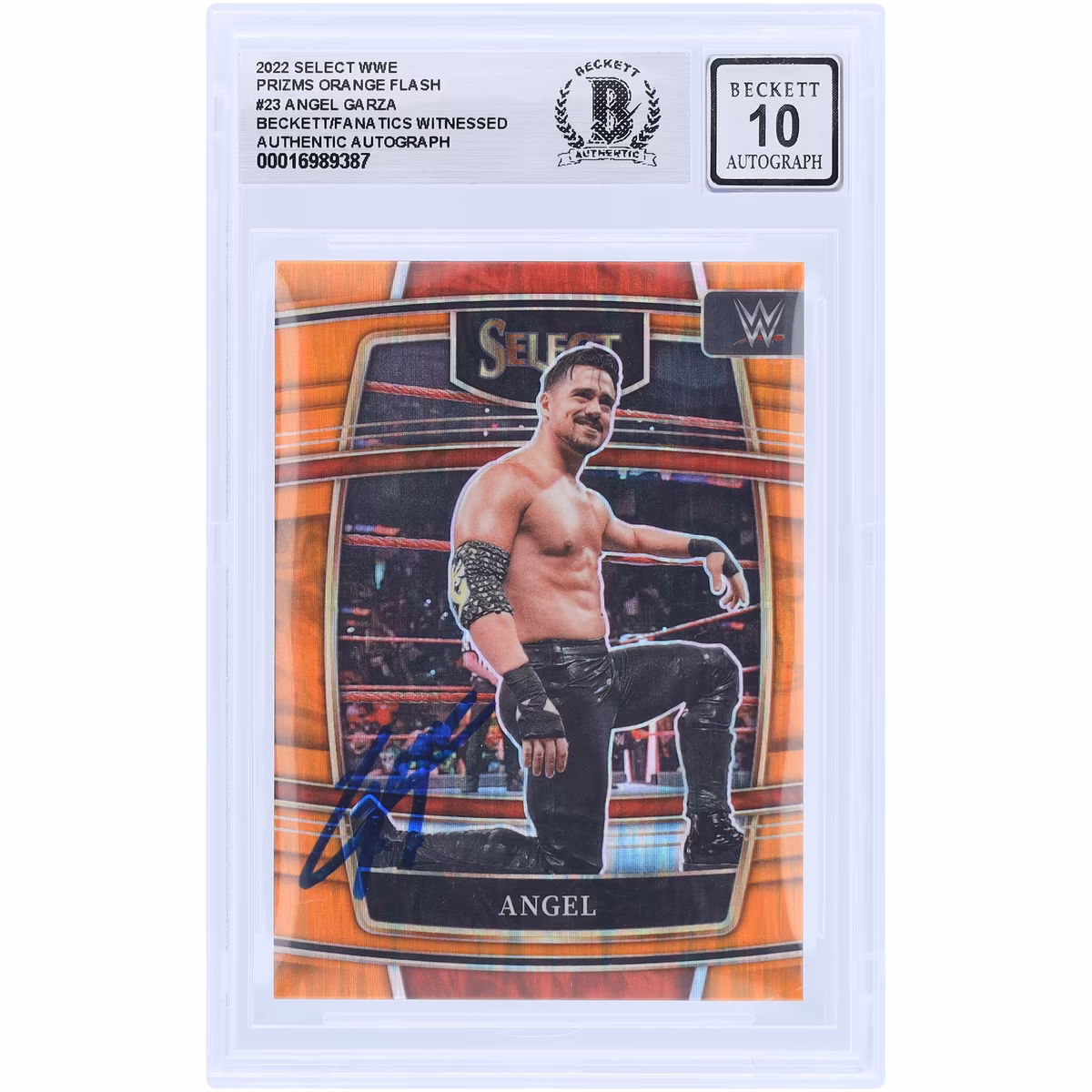Angel Garza WWE Autographed 2022 Panini Select Orange Flash Prizm #23 Beckett Fanatics Witnessed Authenticated 10 Card