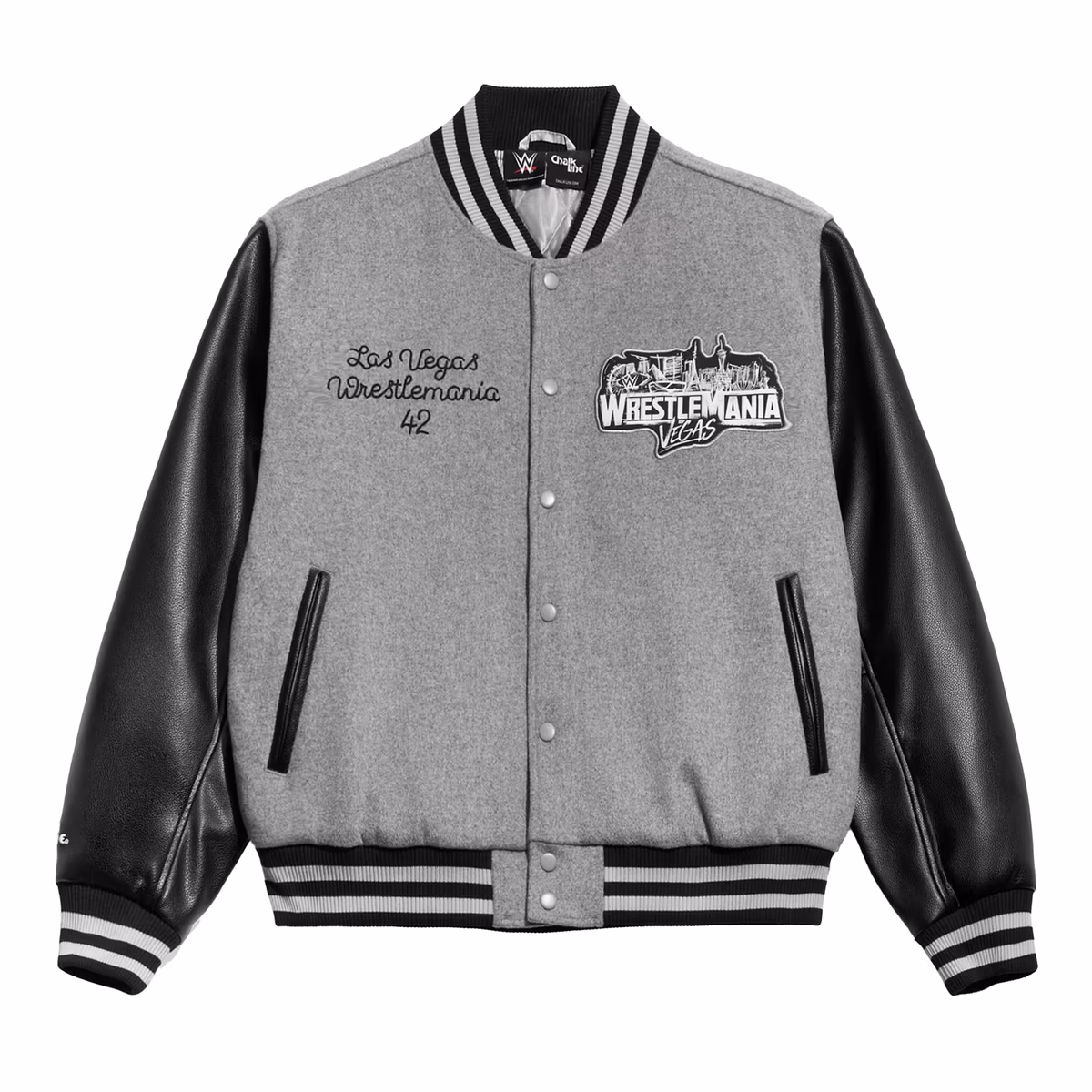 Men's Chalk Line Gray WrestleMania 42 Full-Snap Vegas Varsity Jacket 3 Men's Chalk Line Gray WrestleMania 42 Full-Snap Vegas Varsity Jacket