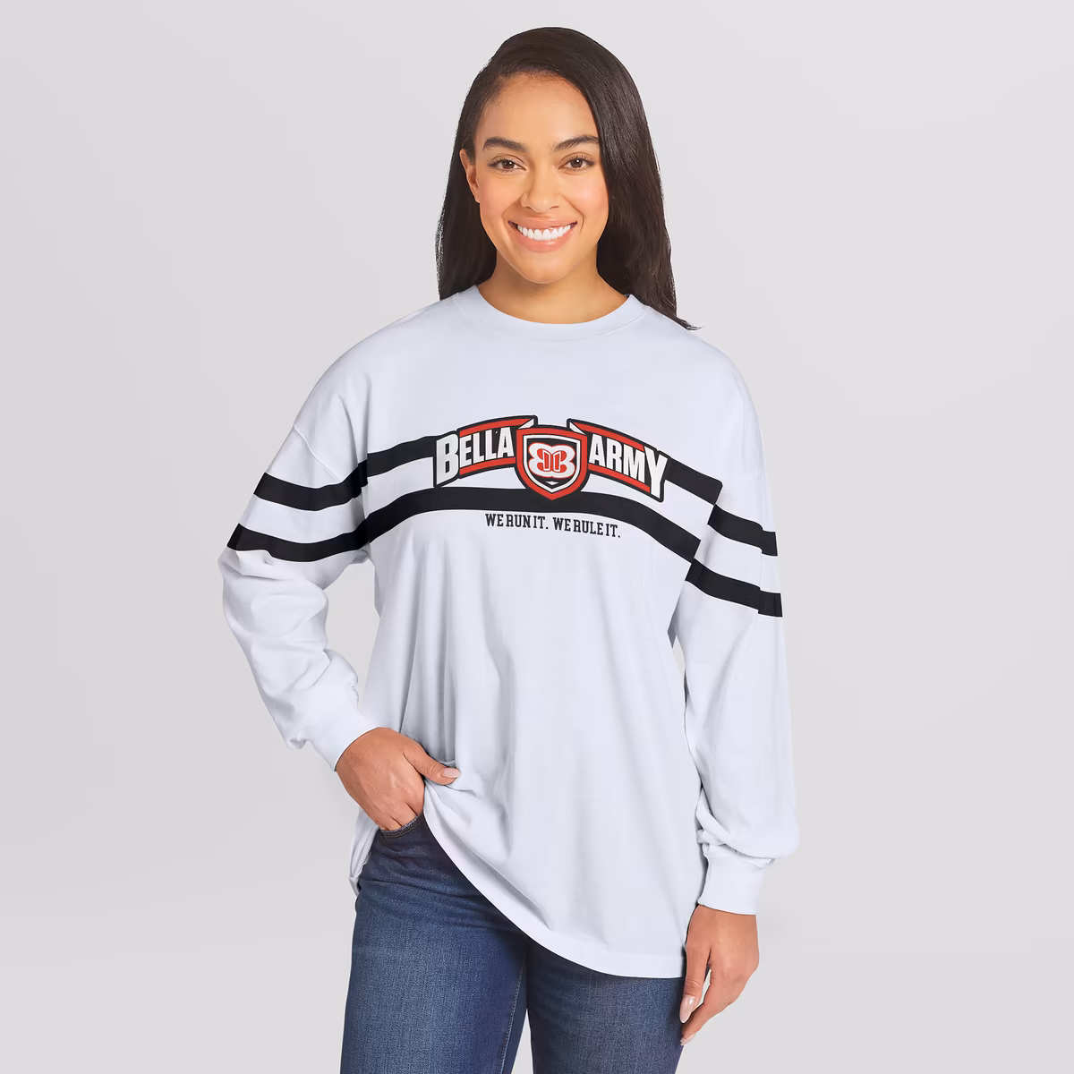 Women's WEAR by Erin Andrews White The Bella Twins Oversized Stripe Long Sleeve T-Shirt