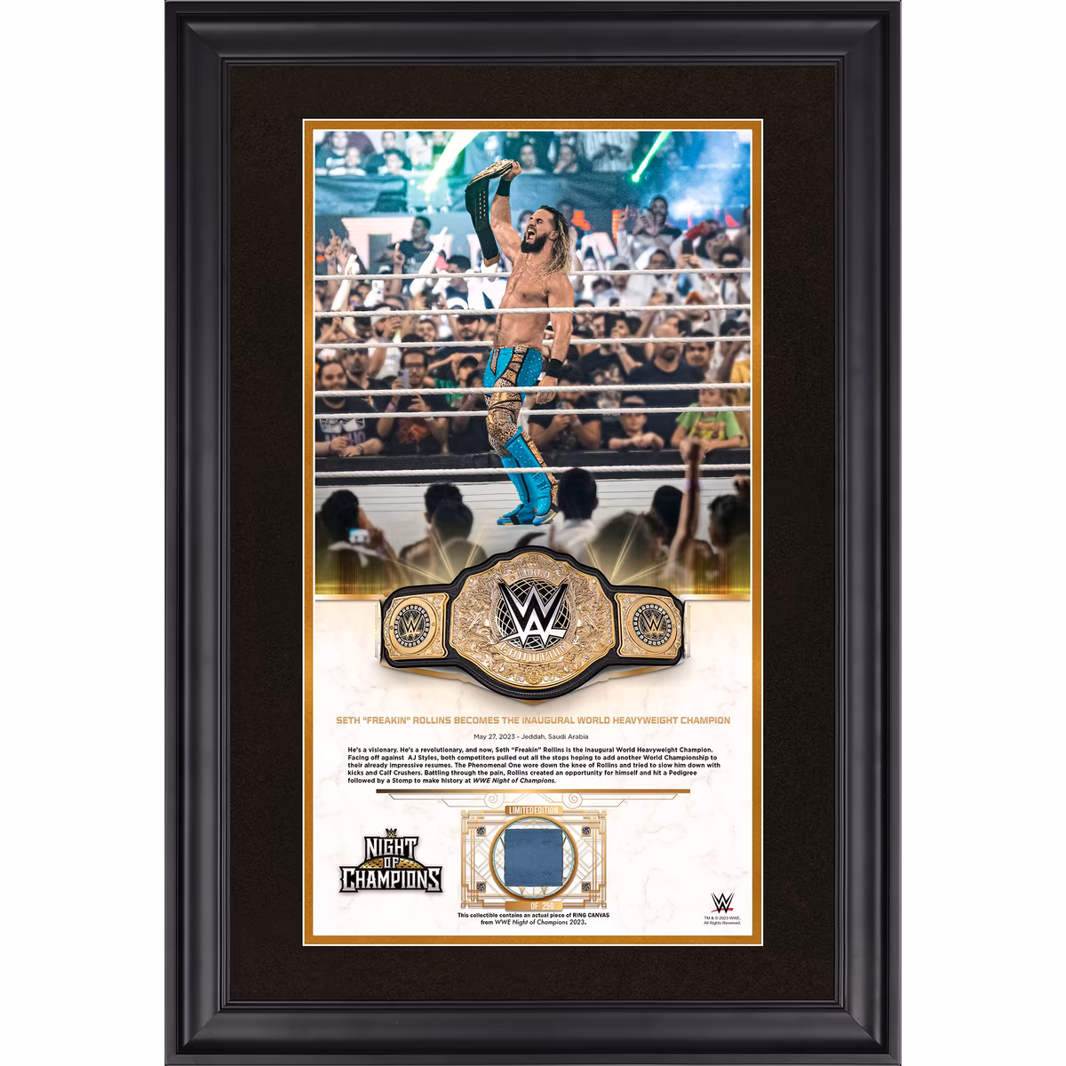 Seth "Freakin" Rollins WWE Framed Golden Moments 10" x 18" 2023 Night of Champions Collage with a Piece of Match-Used Canvas - Limited Edition of 250