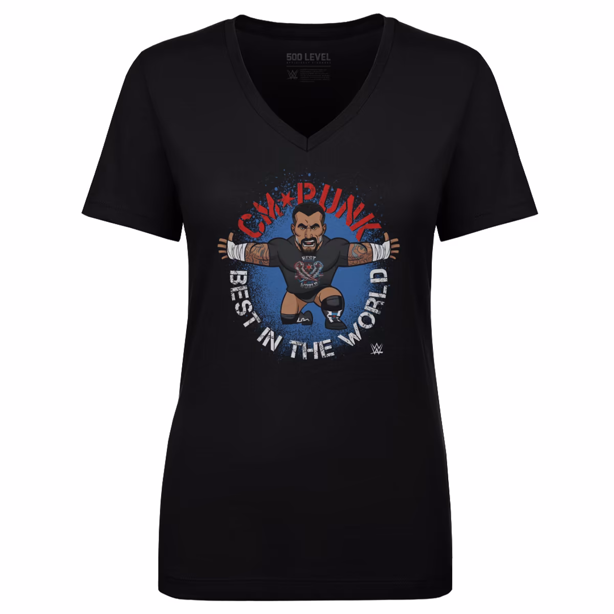 Women's 500 Level Black CM Punk Big Shots Pose V-Neck T-Shirt 1 Women's 500 Level Black CM Punk Big Shots Pose V-Neck T-Shirt