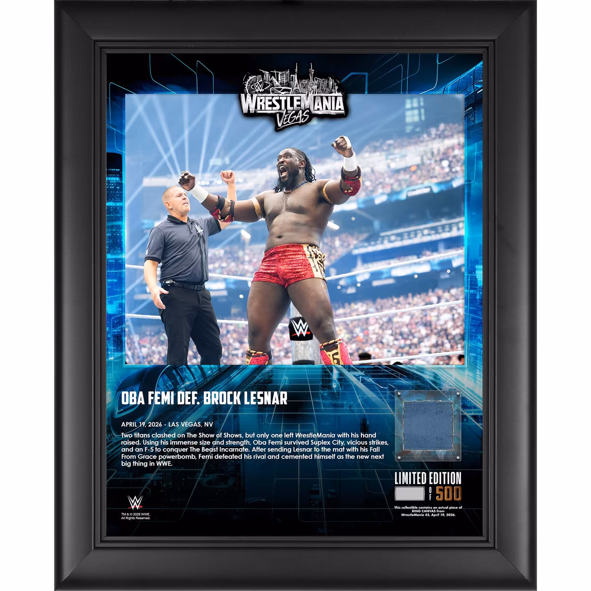 Oba Femi WWE Framed 13" x 16" WrestleMania 42 Night 2 Collage with a Piece of Match-Used Canvas - Limited Edition of 500