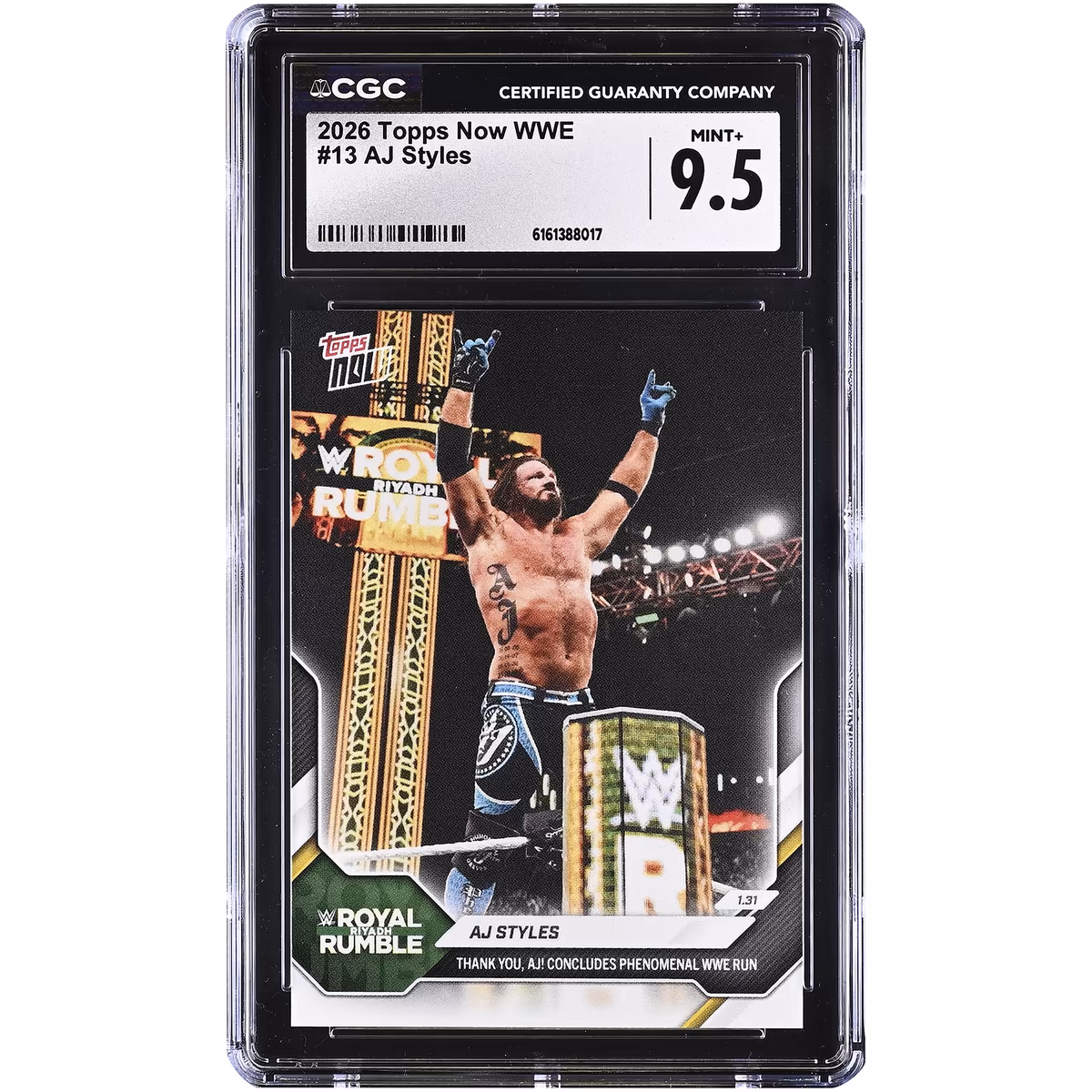 AJ Styles WWE 2026 Topps Now WWE Thank You, AJ! Concludes Phenomenal WWE Run #13 CGC Authenticated 9.5 Card