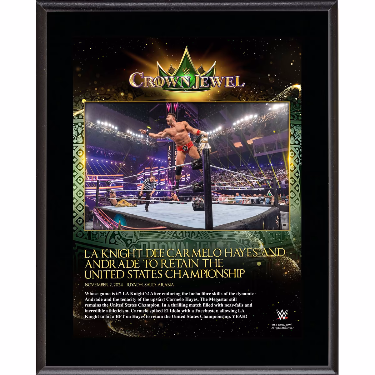 LA Knight WWE 10.5" x 13" 2024 Crown Jewel Sublimated Plaque 8 LA Knight WWE 10.5" x 13" 2024 Crown Jewel Sublimated Plaque