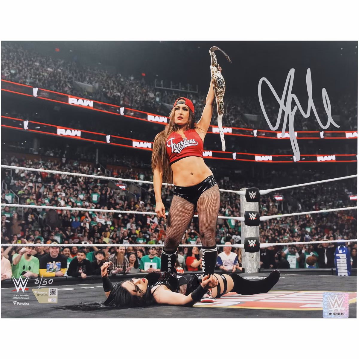 Nikki Bella WWE Autographed 11" x 14" Raising Title Over Stephanie Vaquer Photograph - Limited Edition of 50