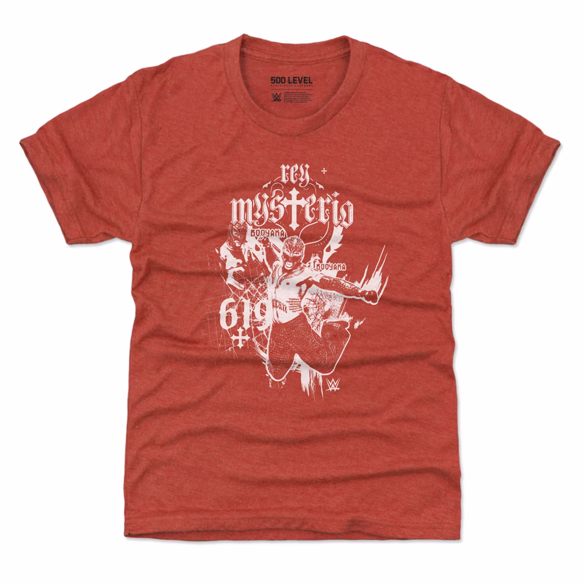 Youth 500 Level Heather Red Rey Mysterio Mono T-Shirt 2 Youth 500 Level Heather Red Rey Mysterio Mono T-Shirt