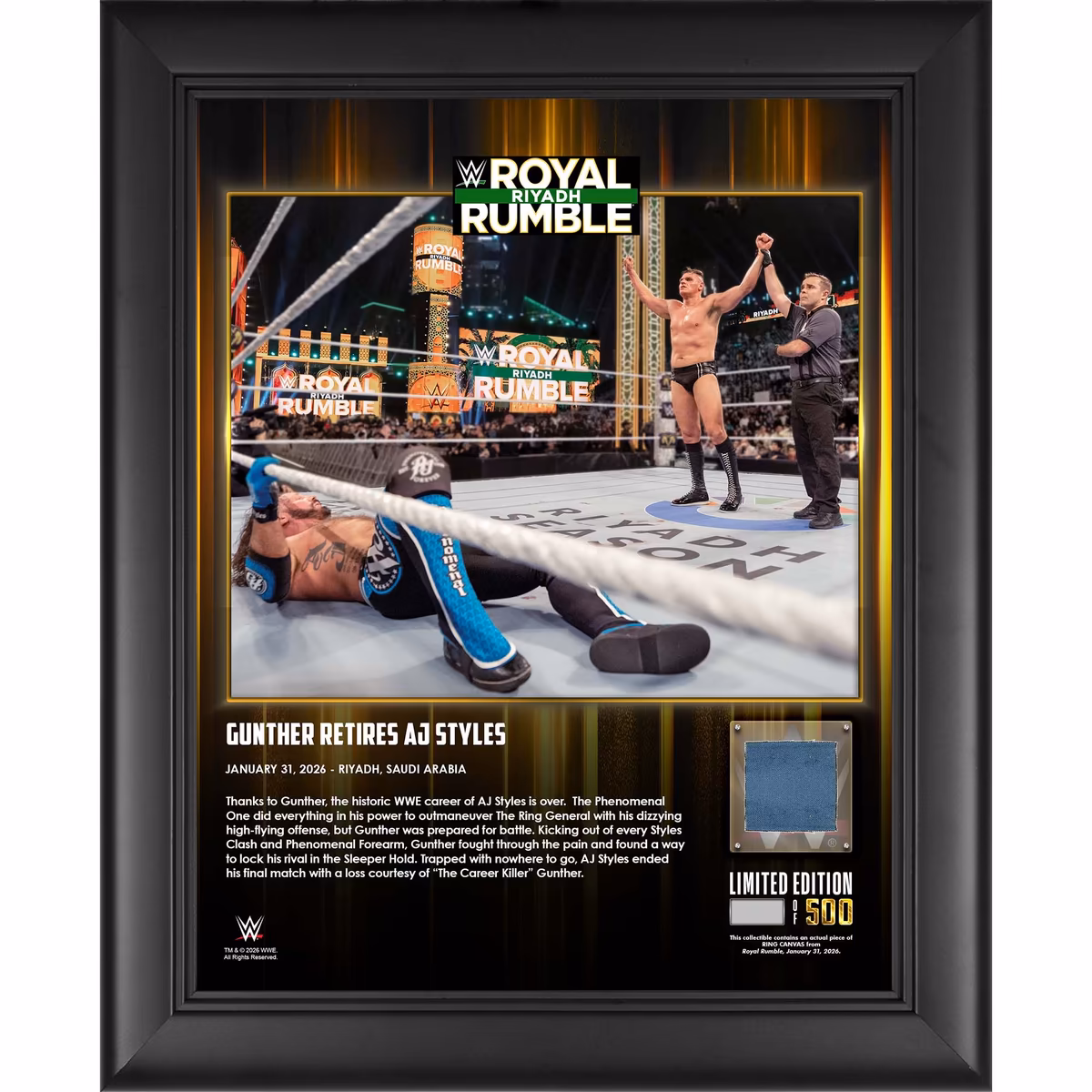 Gunther & AJ Styles WWE Framed 13" x 16" 2026 Royal Rumble Collage with a Piece of Match-Used Canvas - Limited Edition of 500 5 Gunther & AJ Styles WWE Framed 13" x 16" 2026 Royal Rumble Collage with a Piece of Match-Used Canvas - Limited Edition of 500
