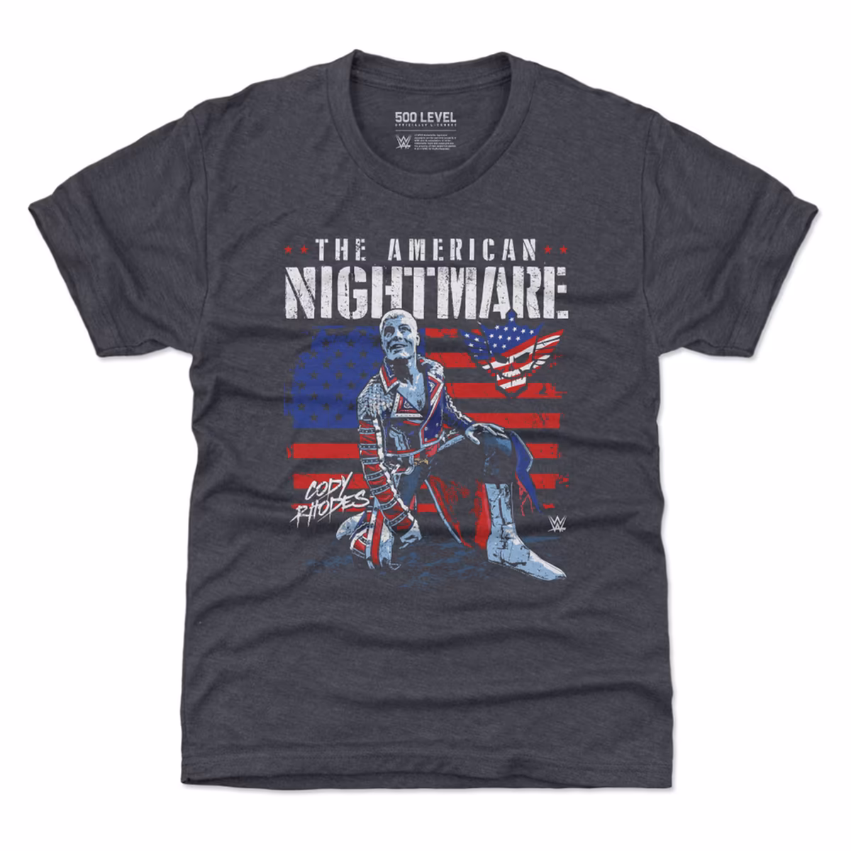 Youth 500 Level Heather Navy Cody Rhodes American Flag Tri-Blend T-Shirt 16 Youth 500 Level Heather Navy Cody Rhodes American Flag Tri-Blend T-Shirt
