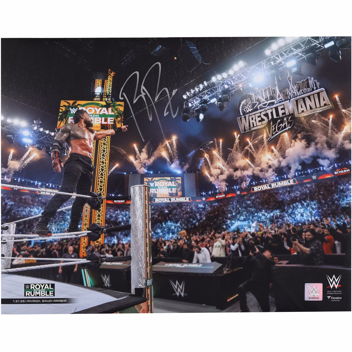 Roman Reigns WWE Autographed 16" x 20" 2026 Royal Rumble Point Photograph 2 Roman Reigns WWE Autographed 16" x 20" 2026 Royal Rumble Point Photograph