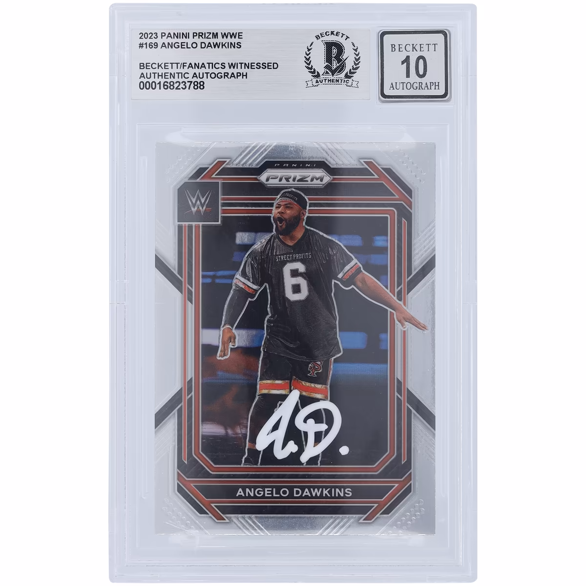 Angelo Dawkins WWE Autographed 2023 Panini Prizm White Ink #169 Beckett Fanatics Witnessed Authenticated 10 Card