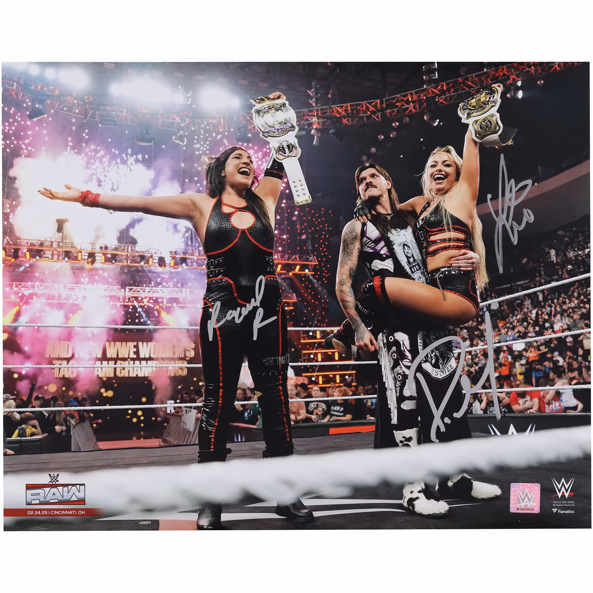 Liv Morgan, Raquel Rodriguez & Dominik Mysterio The Judgment Day WWE Autographed 16" x 20" Raising Tag Team Titles Celebration Photograph