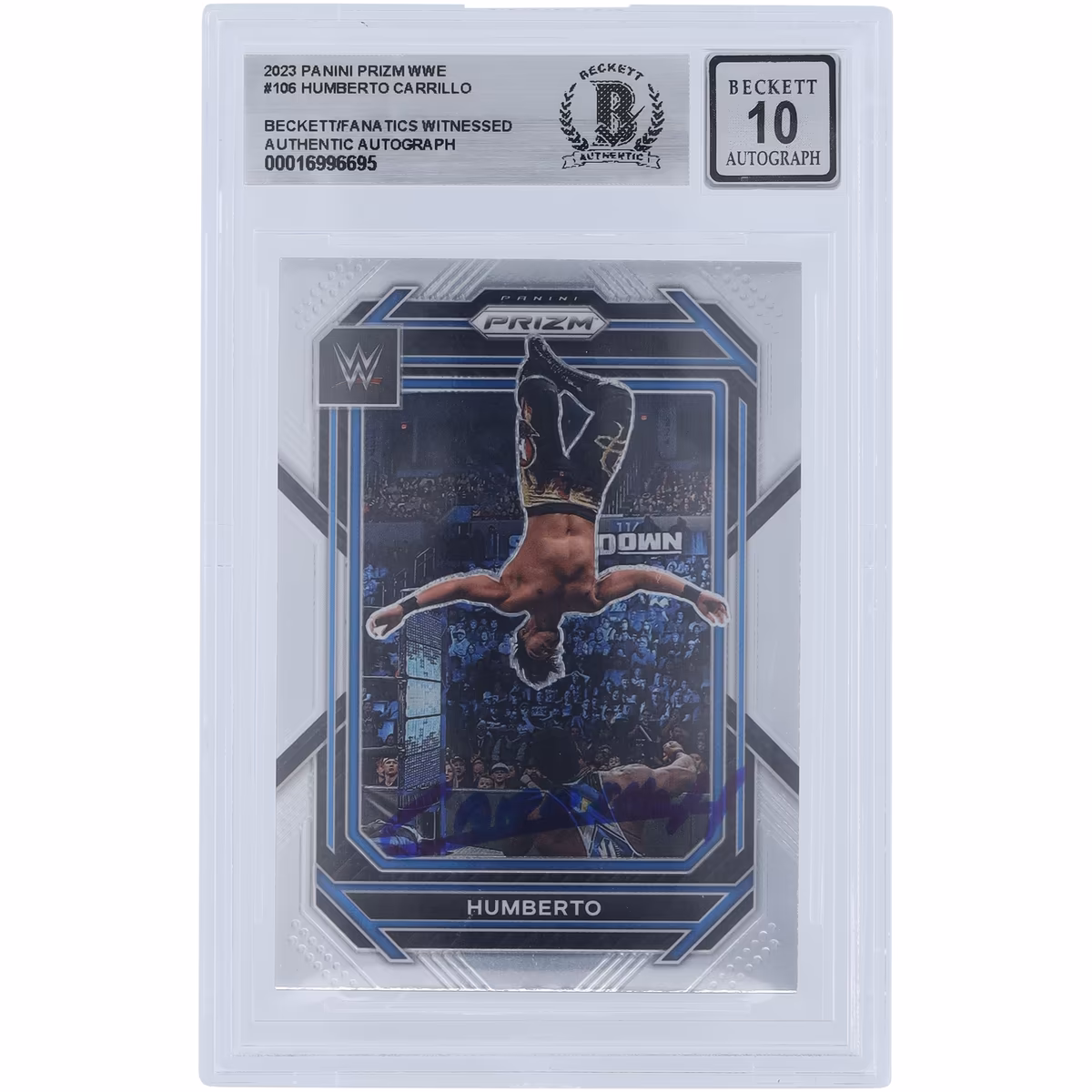Humberto Carrillo WWE Autographed 2023 Panini Prizm #106 Beckett Fanatics Witnessed Authenticated 10 Card