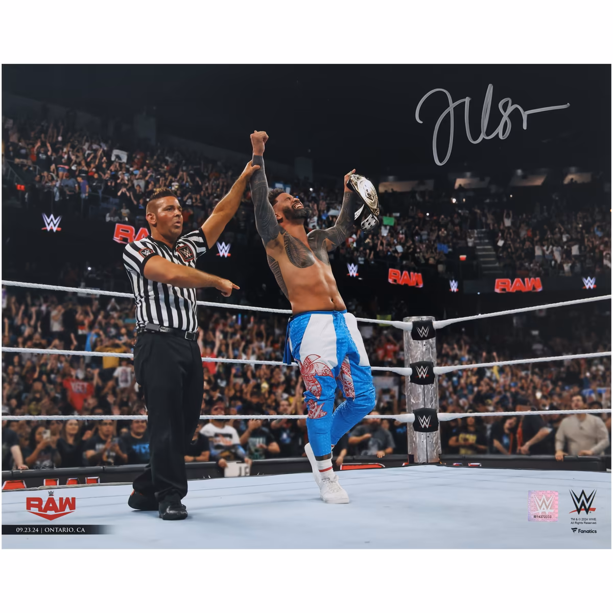 Jey Uso WWE Autographed 16" x 20" Raising Intercontinental Championship Photograph 8 Jey Uso WWE Autographed 16" x 20" Raising Intercontinental Championship Photograph
