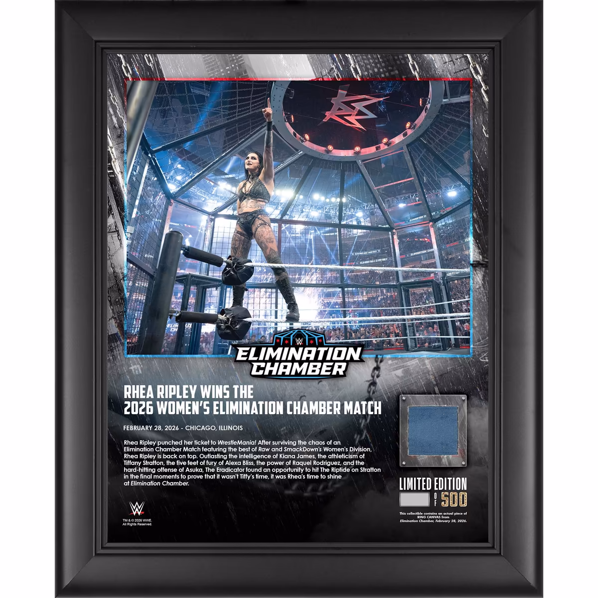 Rhea Ripley WWE Framed 13" x 16" 2026 Elimination Chamber Collage with a Piece of Match-Used Canvas - Limited Edition of 500 1 Rhea Ripley WWE Framed 13" x 16" 2026 Elimination Chamber Collage with a Piece of Match-Used Canvas - Limited Edition of 500