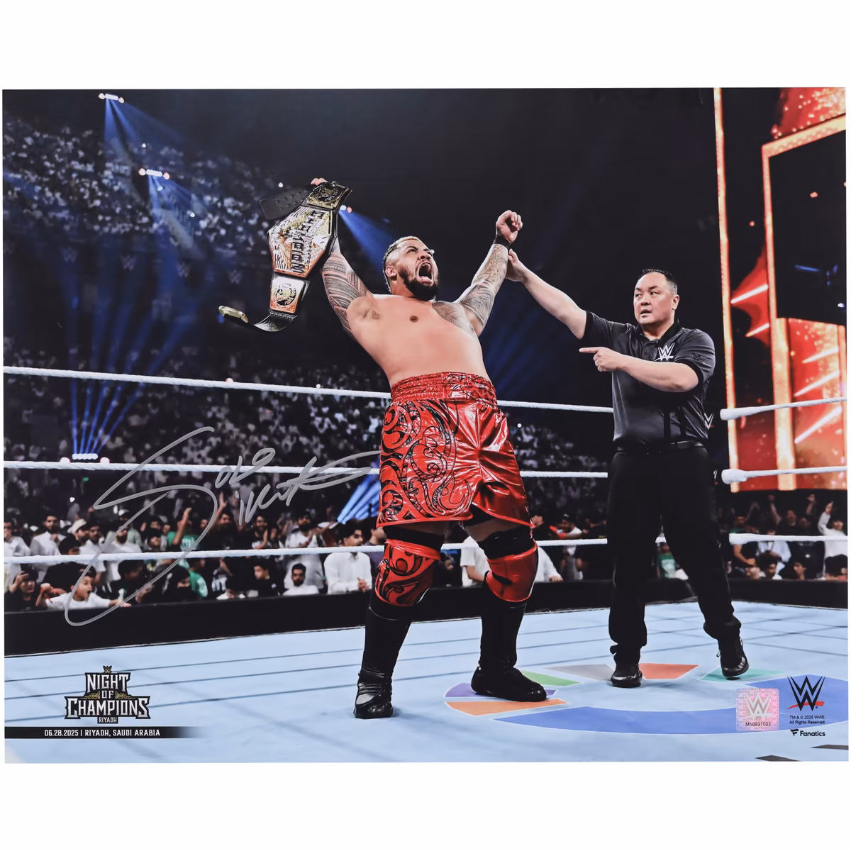 Solo Sikoa WWE Autographed 16" x 20" Raising United States Title Photograph