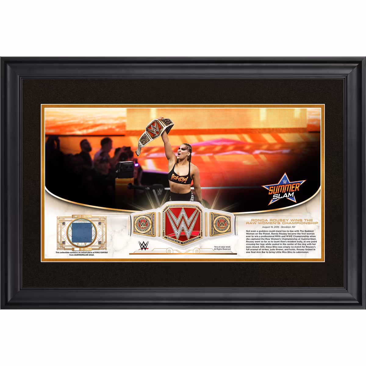 Ronda Rousey WWE Framed 10" x 18" 2018 SummerSlam Golden Moments Collage with a Piece of Match-Used Canvas - Limited Edition of 250 1 Ronda Rousey WWE Framed 10" x 18" 2018 SummerSlam Golden Moments Collage with a Piece of Match-Used Canvas - Limited Edition of 250