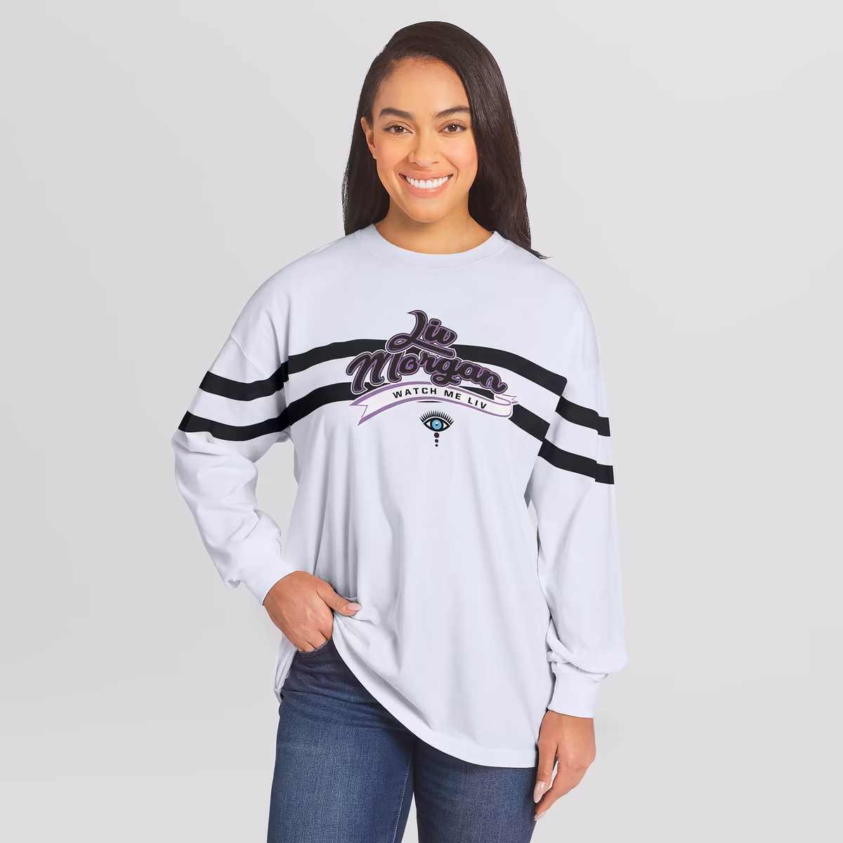 Women's WEAR by Erin Andrews White Liv Morgan Oversized Stripe Long Sleeve T-Shirt