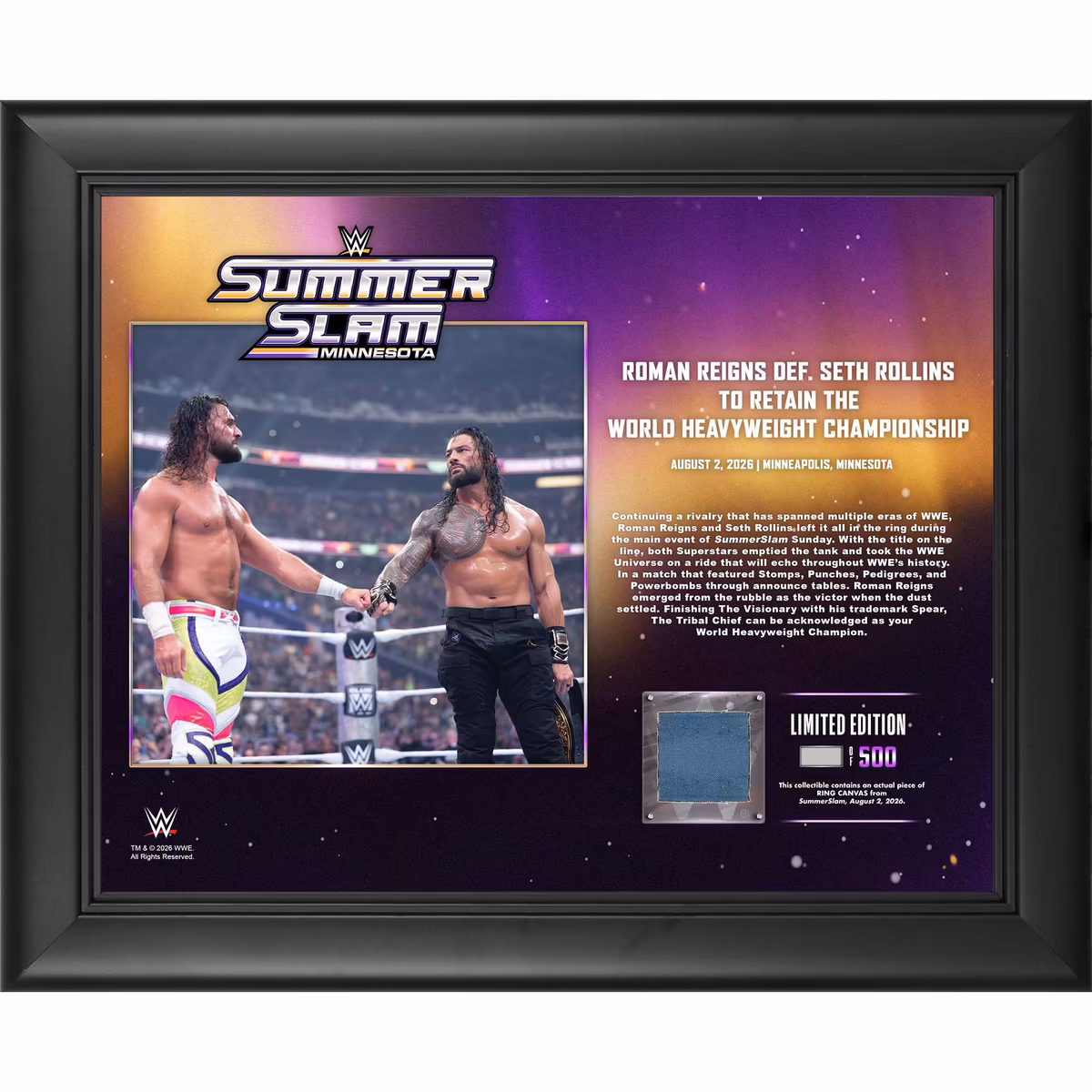 Roman Reigns WWE Framed 13" x 16" SummerSlam 2026 Night 2 Collage with a Piece of Match-Used Canvas - Limited Edition of 500