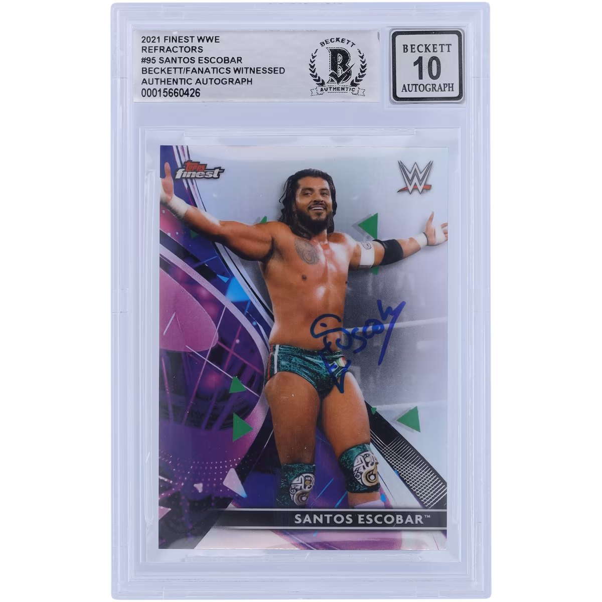 Santos Escobar WWE Autographed 2021 Topps Finest Refractors #95 Beckett Fanatics Witnessed Authenticated 10 Card