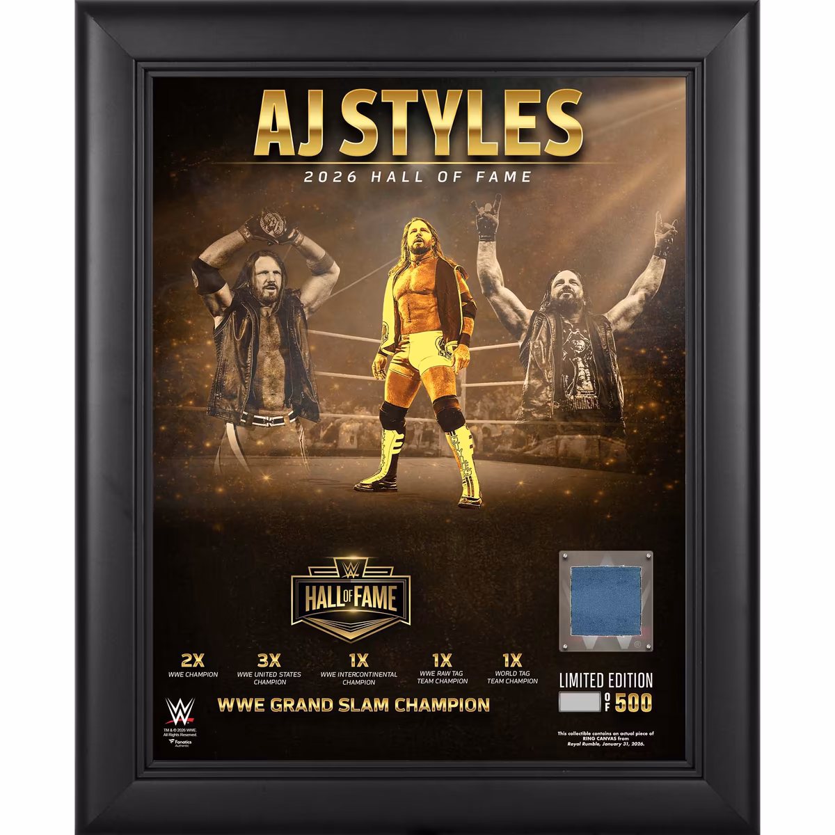 AJ Styles WWE Framed 13" x 16" 2026 WWE Hall of Fame Collage with a Piece of Match-Used Canvas - Limited Edition of 500