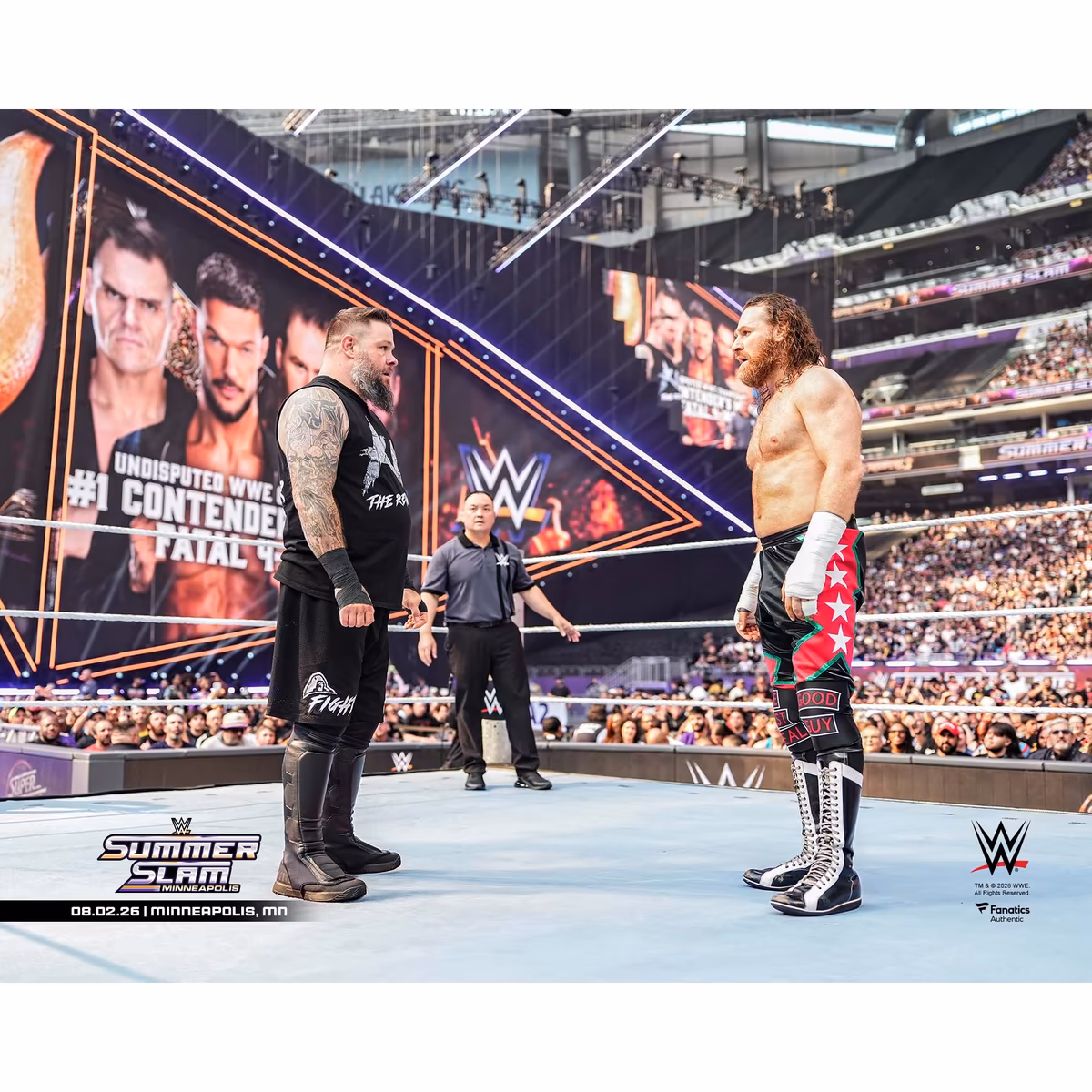 Kevin Owens & Sami Zayn WWE Unsigned SummerSlam 2026 In-Ring Face-Off Photograph 3 Kevin Owens & Sami Zayn WWE Unsigned SummerSlam 2026 In-Ring Face-Off Photograph