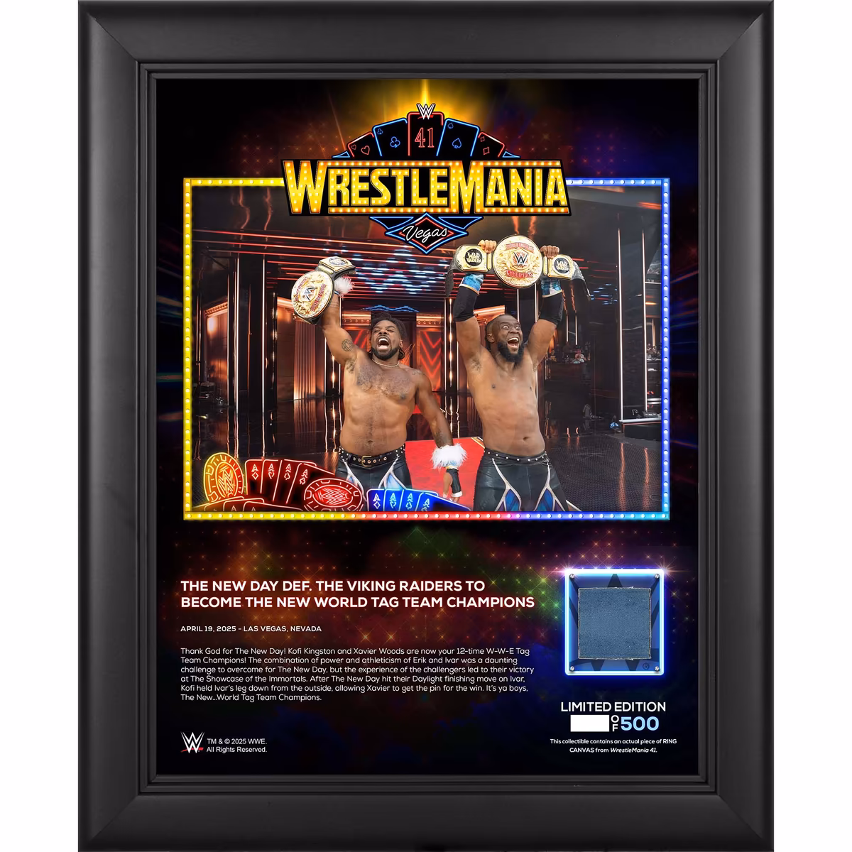 The New Day WWE Framed 13" x 16" WrestleMania 41 Night 1 Collage with a Piece of Match-Used Canvas - Limited Edition of 500
