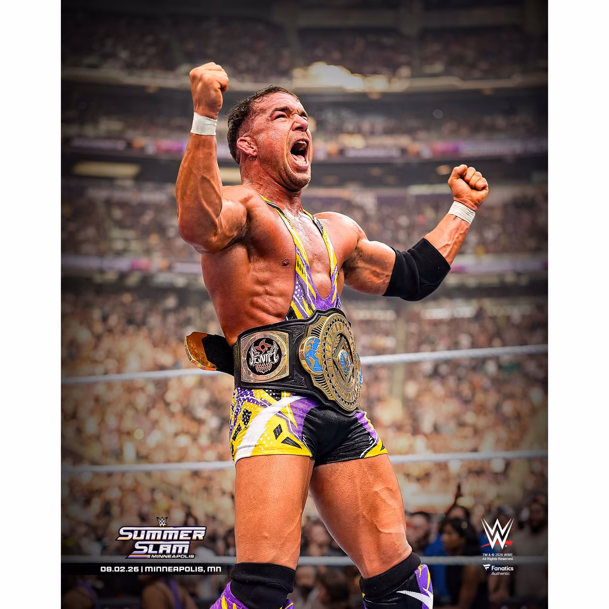 Chad Gable WWE Unsigned SummerSlam 2026 Intercontinental Championship Celebration Spotlight Photograph 1 Chad Gable WWE Unsigned SummerSlam 2026 Intercontinental Championship Celebration Spotlight Photograph