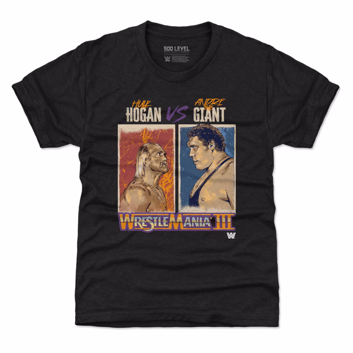 Youth 500 Level  Heather Black WrestleMania III Hulk Hogan Vs. Andre The Giant T-Shirt