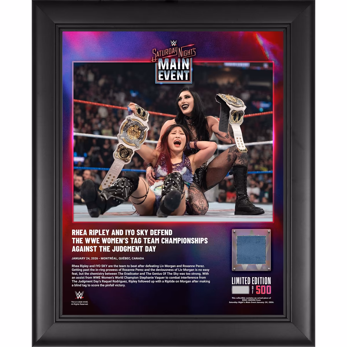 Rhea Ripley & IYO SKY WWE Framed 13" x 16" Saturday Night's Main Event on January 24, 2026 Collage with a Piece of Match-Used Canvas - Limited Edition of 500 4 Rhea Ripley & IYO SKY WWE Framed 13" x 16" Saturday Night's Main Event on January 24, 2026 Collage with a Piece of Match-Used Canvas - Limited Edition of 500