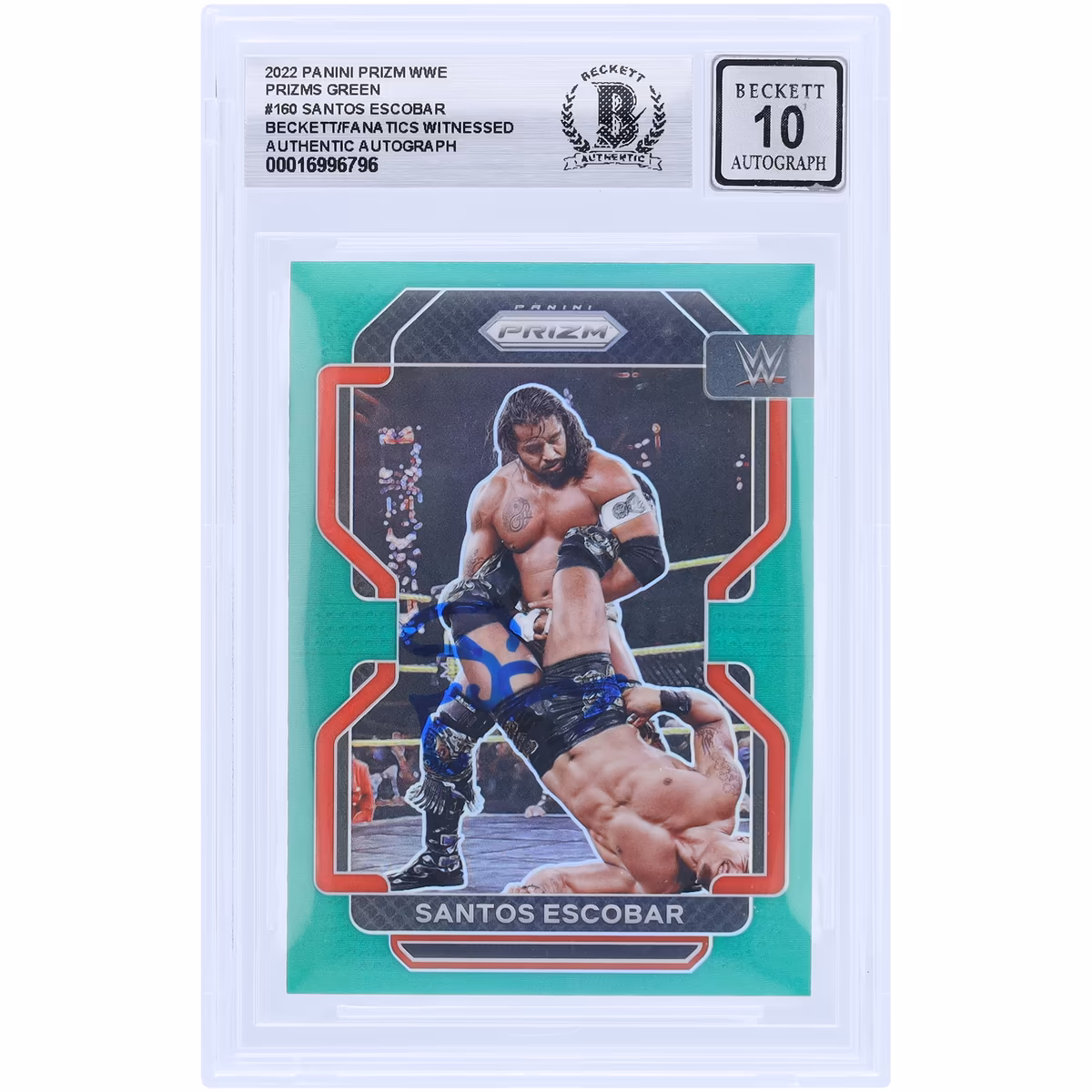 Santos Escobar WWE Autographed 2022 Panini Prizm Green Prizm #160 Beckett Fanatics Witnessed Authenticated 10 Card