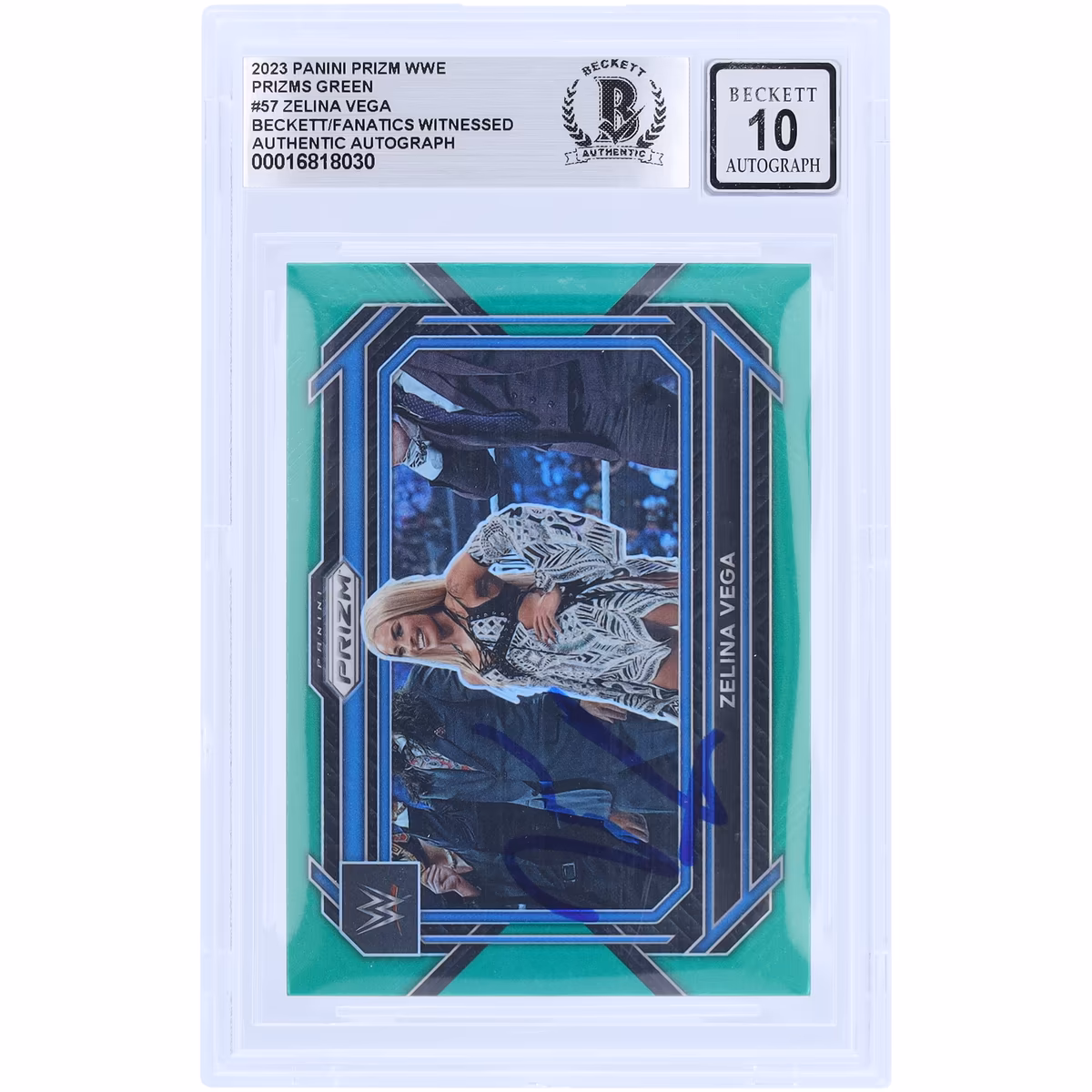 Zelina Vega WWE Autographed 2023 Panini Prizm Green Prizm #57 Beckett Fanatics Witnessed Authenticated 10 Card