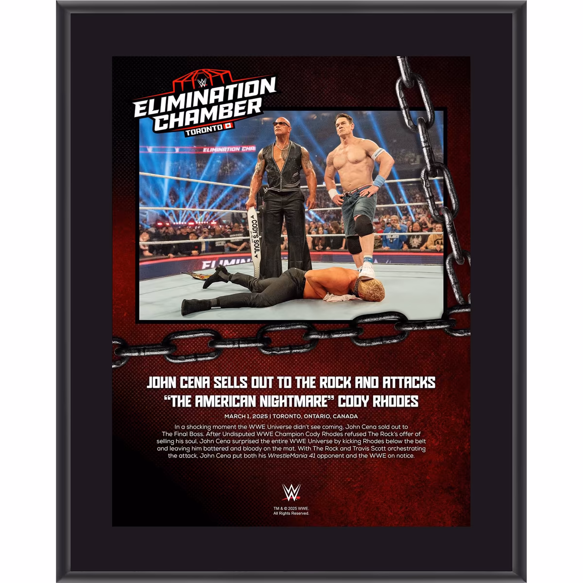 John Cena, The Rock & Cody Rhodes WWE 10.5" x 13" 2025 Elimination Chamber Sublimated Plaque