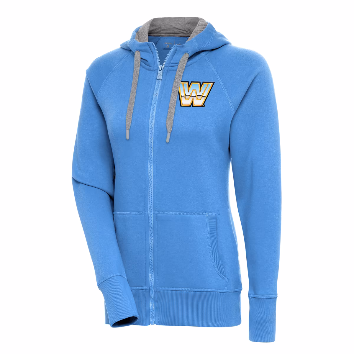 Women's Antigua Powder Blue WWE Chrome Logo Victory Raglan Full-Zip Hoodie 8 Women's Antigua Powder Blue WWE Chrome Logo Victory Raglan Full-Zip Hoodie