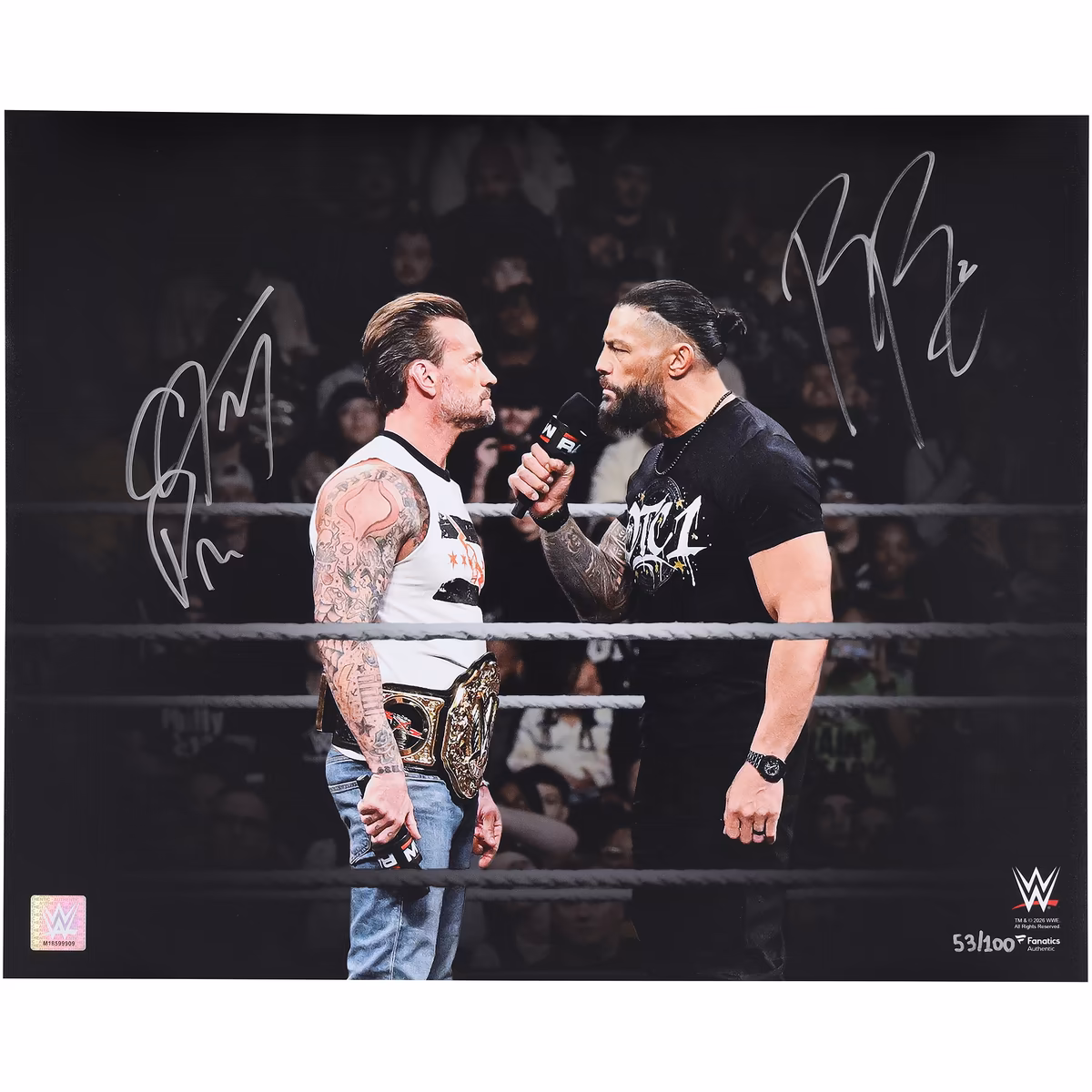 Roman Reigns & CM Punk WWE Autographed 16" x 20" In Ring Staredown Spotlight Photograph - Limited Edition of 100 1 Roman Reigns & CM Punk WWE Autographed 16" x 20" In Ring Staredown Spotlight Photograph - Limited Edition of 100