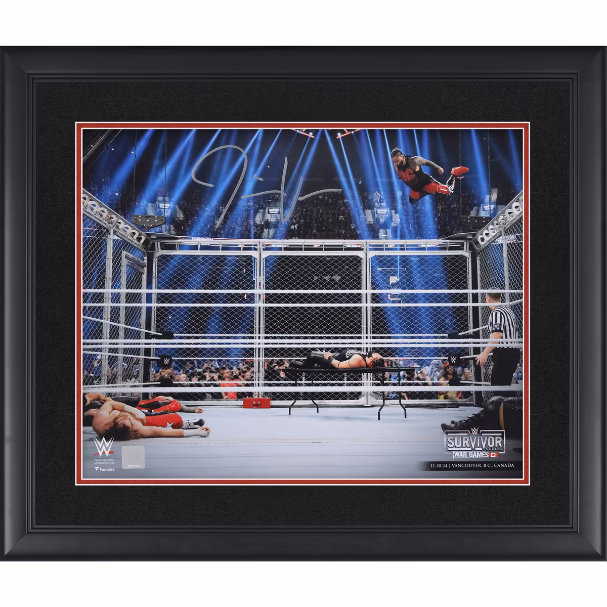 Jimmy Uso WWE Autographed Framed 16" x 20" 2024 Survivor Series Jumping Off The Cage Photograph 1 Jimmy Uso WWE Autographed Framed 16" x 20" 2024 Survivor Series Jumping Off The Cage Photograph