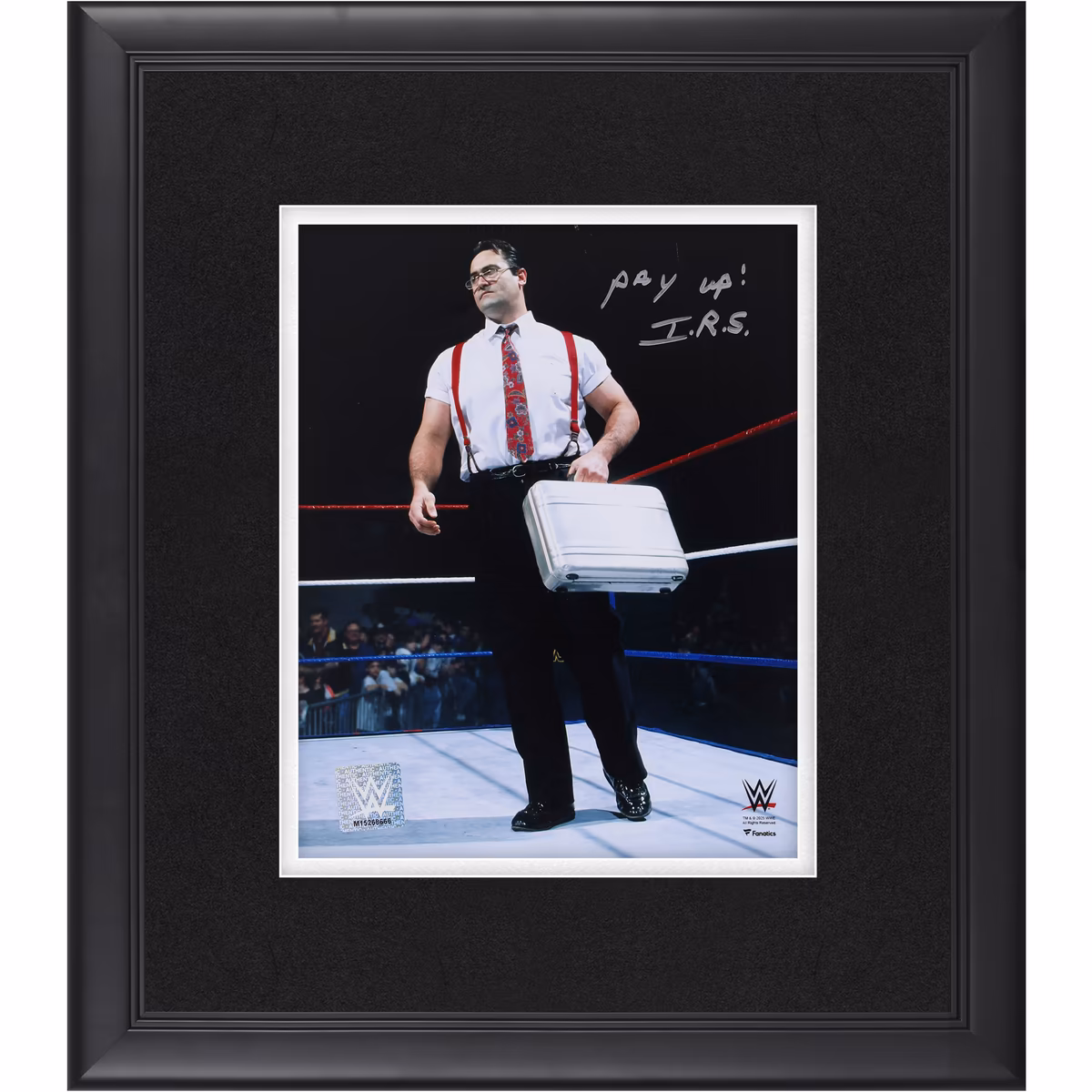 IRS WWE Autographed Framed 8" x 10" In-Ring with Briefcase Photograph with "Pay Up!" Inscription