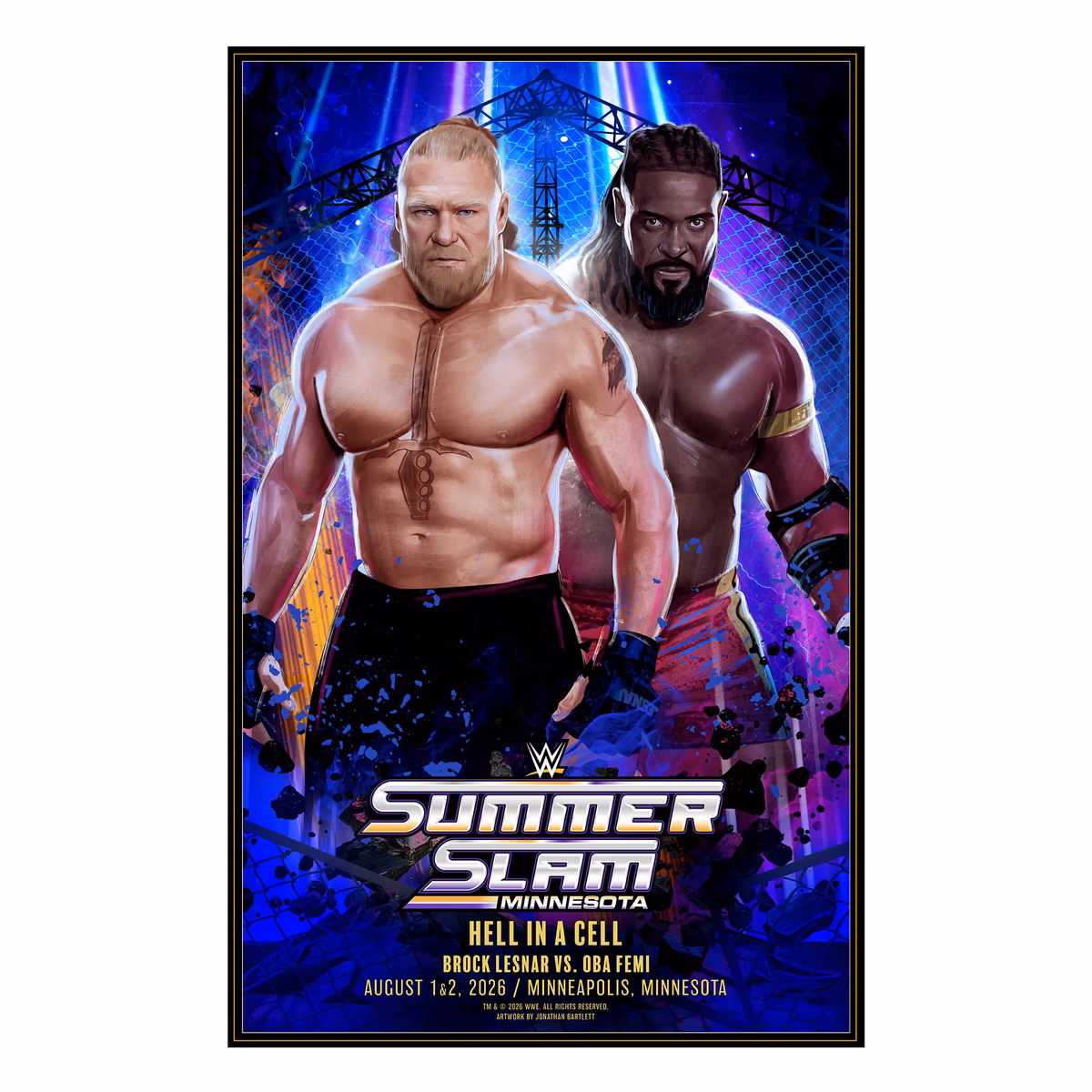 WWE SummerSlam 2026 Unsigned 24" x 36" Oba Femi vs. Brock Lesnar Jonathan Bartlett Art Print 1 WWE SummerSlam 2026 Unsigned 24" x 36" Oba Femi vs. Brock Lesnar Jonathan Bartlett Art Print