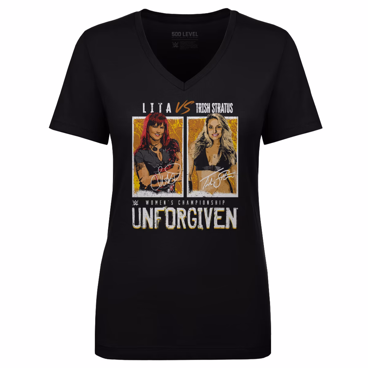 Women's 500 Level Trish Stratus Vs. Lita Match Black V-Neck T-Shirt 6 Women's 500 Level Trish Stratus Vs. Lita Match Black V-Neck T-Shirt