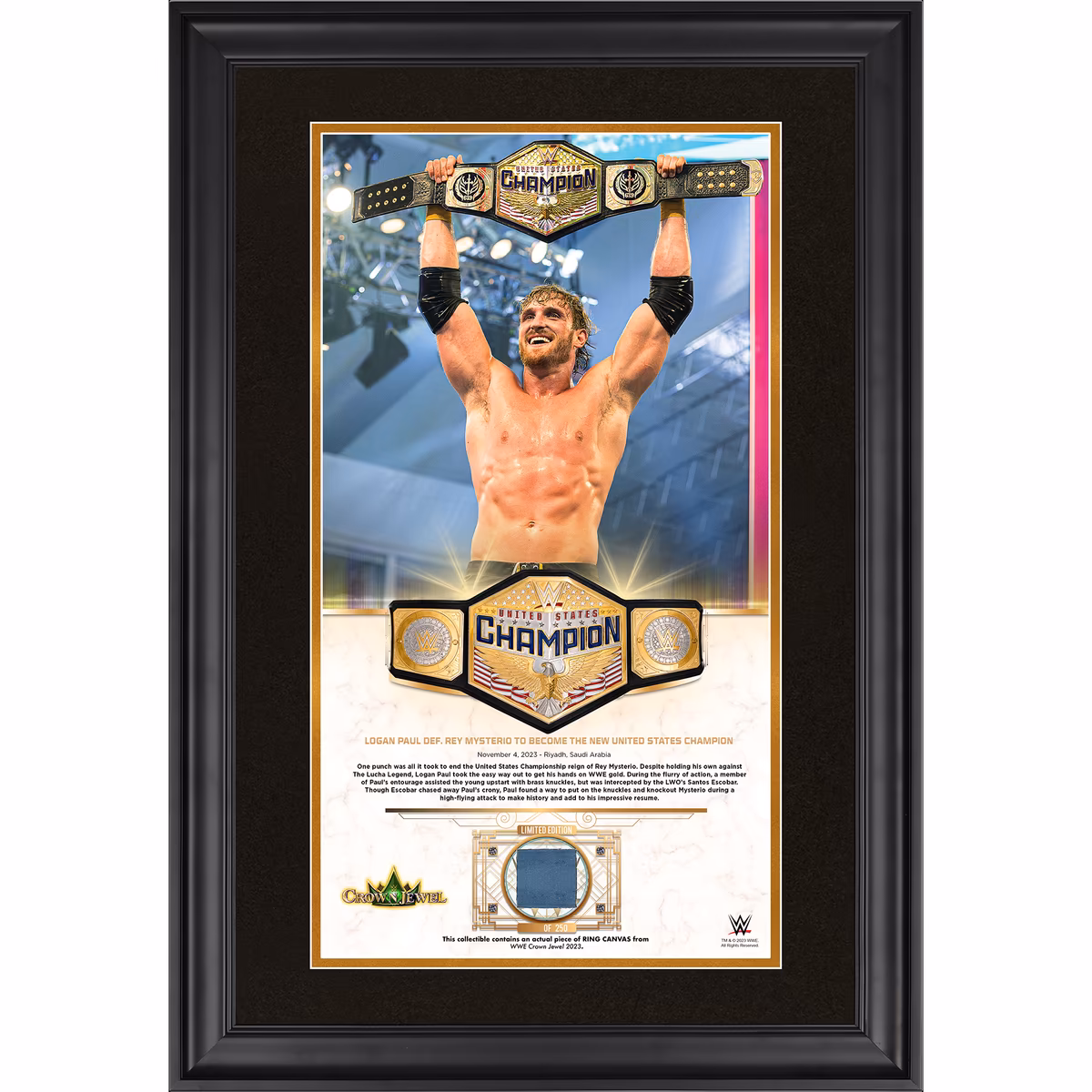 Logan Paul WWE Framed Golden Moments 10" x 18" 2023 Crown Jewel Collage with a Piece of Match-Used Canvas - Limited Edition of 250