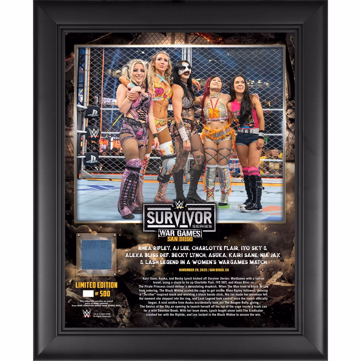 Rhea Ripley, IYO SKY, Charlotte Flair, Alexa Bliss & AJ Lee WWE Framed 13" x 16" 2025 Survivor Series Collage with a Piece of Match-Used Canvas - Limited Edition of 500 3 Rhea Ripley, IYO SKY, Charlotte Flair, Alexa Bliss & AJ Lee WWE Framed 13" x 16" 2025 Survivor Series Collage with a Piece of Match-Used Canvas - Limited Edition of 500
