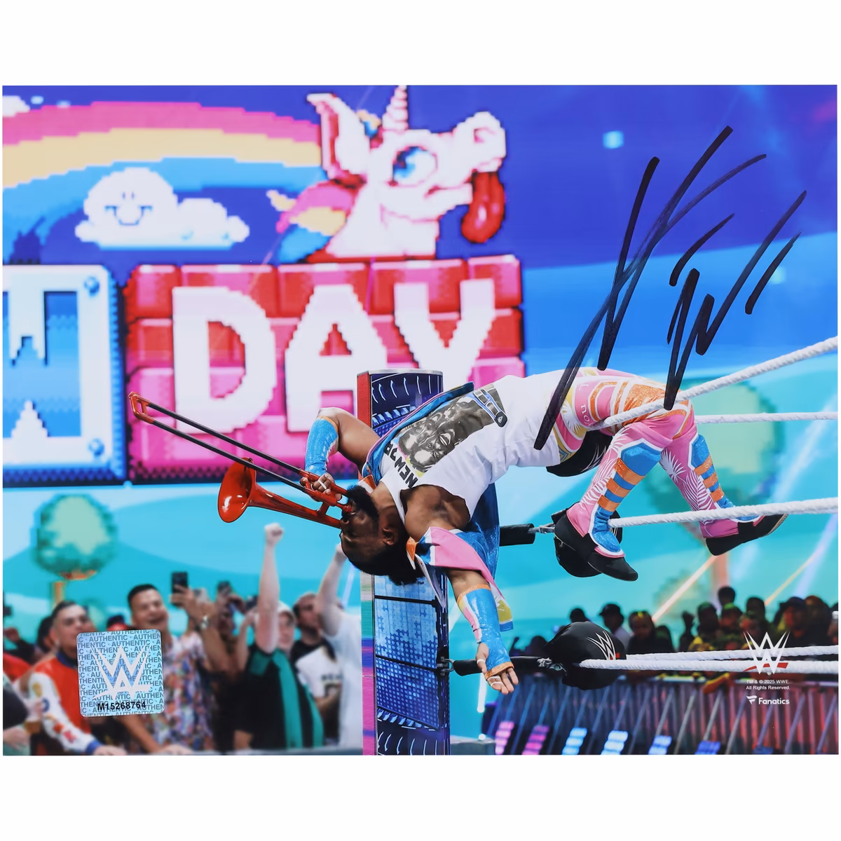 Xavier Woods WWE Autographed 8" x 10" Leaning On The Ropes Playing Trombone Photograph