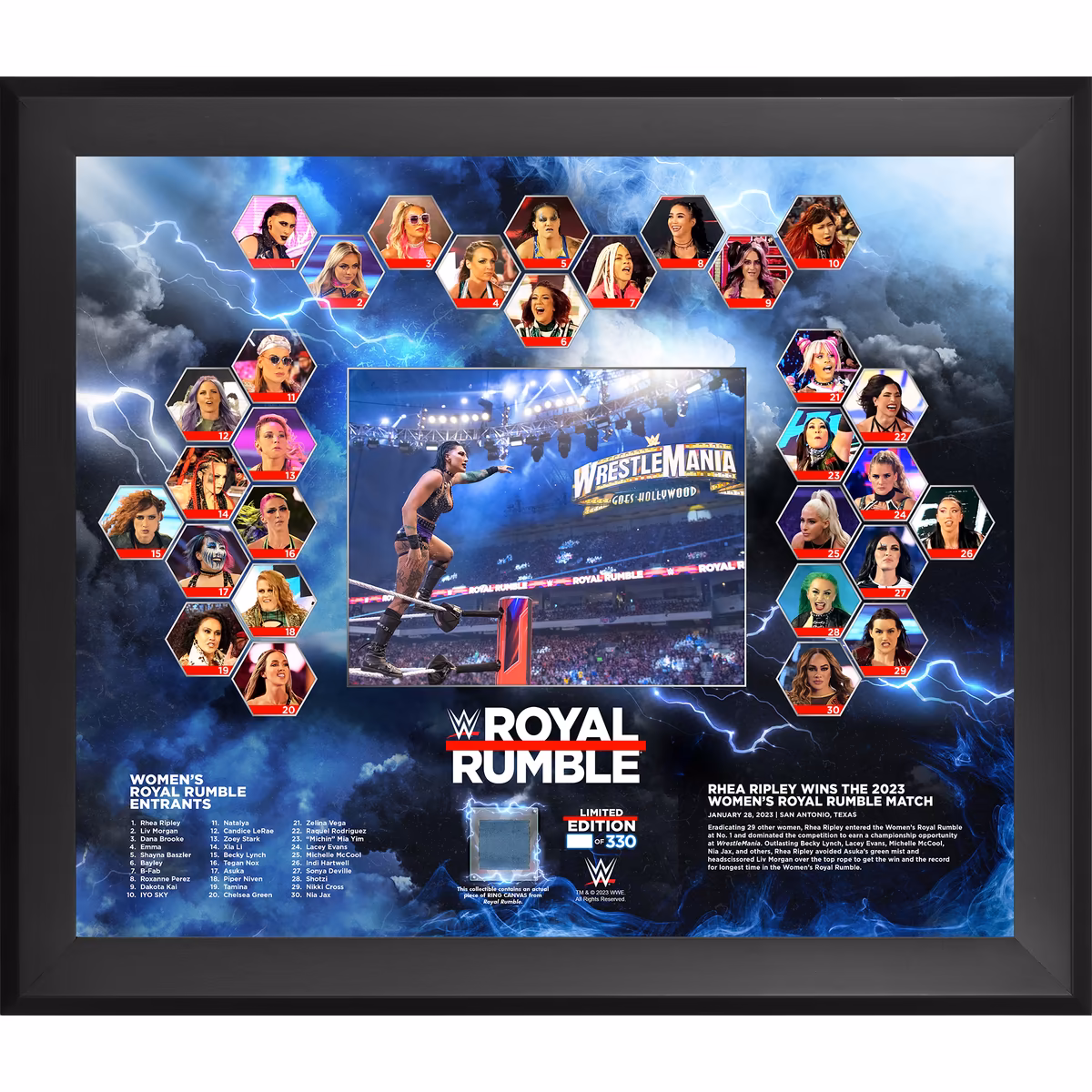 Rhea Ripley Framed 20" x 24" 2023 Royal Rumble Women's Match Collage with a Piece of Match-Used Canvas - Limited Edition of 330 1 Rhea Ripley Framed 20" x 24" 2023 Royal Rumble Women's Match Collage with a Piece of Match-Used Canvas - Limited Edition of 330