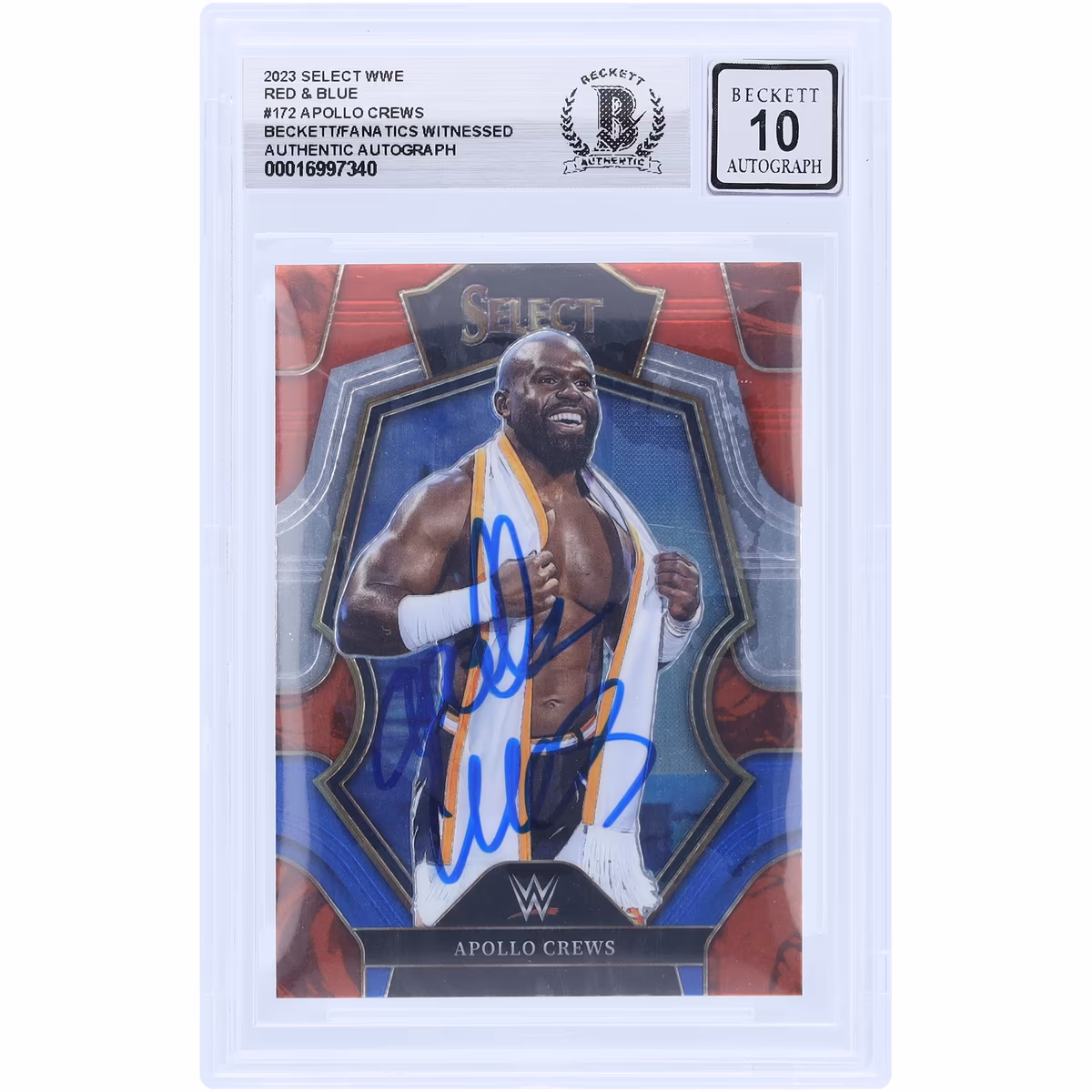 Apollo Crews WWE Autographed 2023 Panini Select Red & Blue #172 Beckett Fanatics Witnessed Authenticated 10 Card