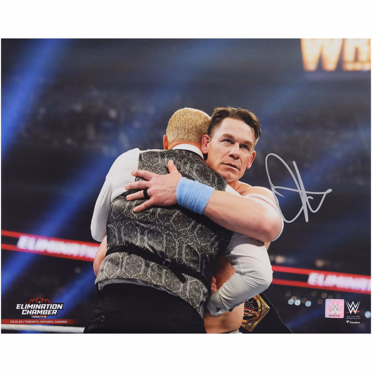 John Cena WWE Autographed 16" x 20" Elimination Chamber Hugging Cody Rhodes Photograph 1 John Cena WWE Autographed 16" x 20" Elimination Chamber Hugging Cody Rhodes Photograph