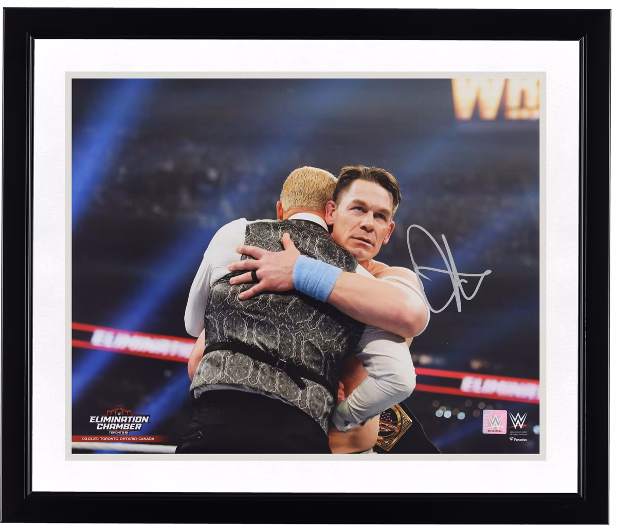John Cena WWE Autographed 16" x 20" Elimination Chamber Hugging Cody Rhodes Photograph 3 John Cena WWE Autographed 16" x 20" Elimination Chamber Hugging Cody Rhodes Photograph