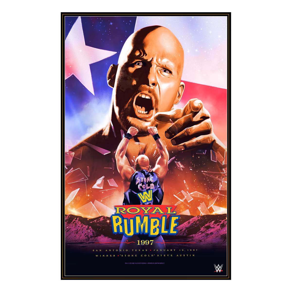 "Stone Cold" Steve Austin WWE Unsigned 24" x 36" 1997 Royal Rumble Art Print by Jonathan Bartlett 1 "Stone Cold" Steve Austin WWE Unsigned 24" x 36" 1997 Royal Rumble Art Print by Jonathan Bartlett