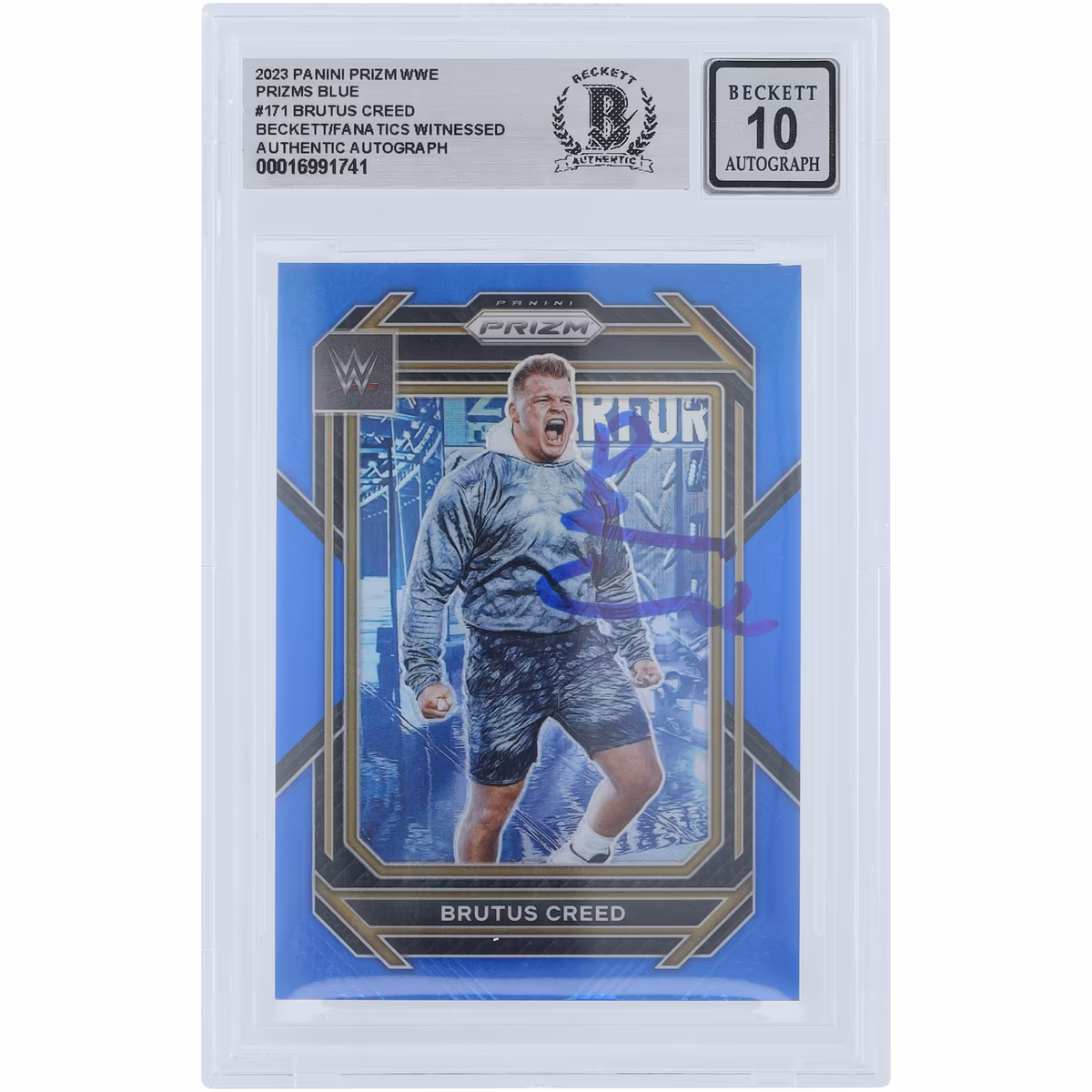 Brutus Creed WWE Autographed 2023 Panini Prizm Blue Prizm #171 #/199 Beckett Fanatics Witnessed Authenticated 10 Card 1 Brutus Creed WWE Autographed 2023 Panini Prizm Blue Prizm #171 #/199 Beckett Fanatics Witnessed Authenticated 10 Card
