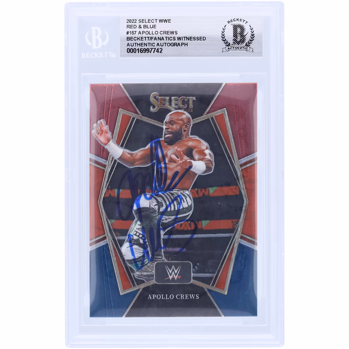 Apollo Crews WWE Autographed 2022 Panini Select Red & Blue #157 Beckett Fanatics Witnessed Authenticated Card