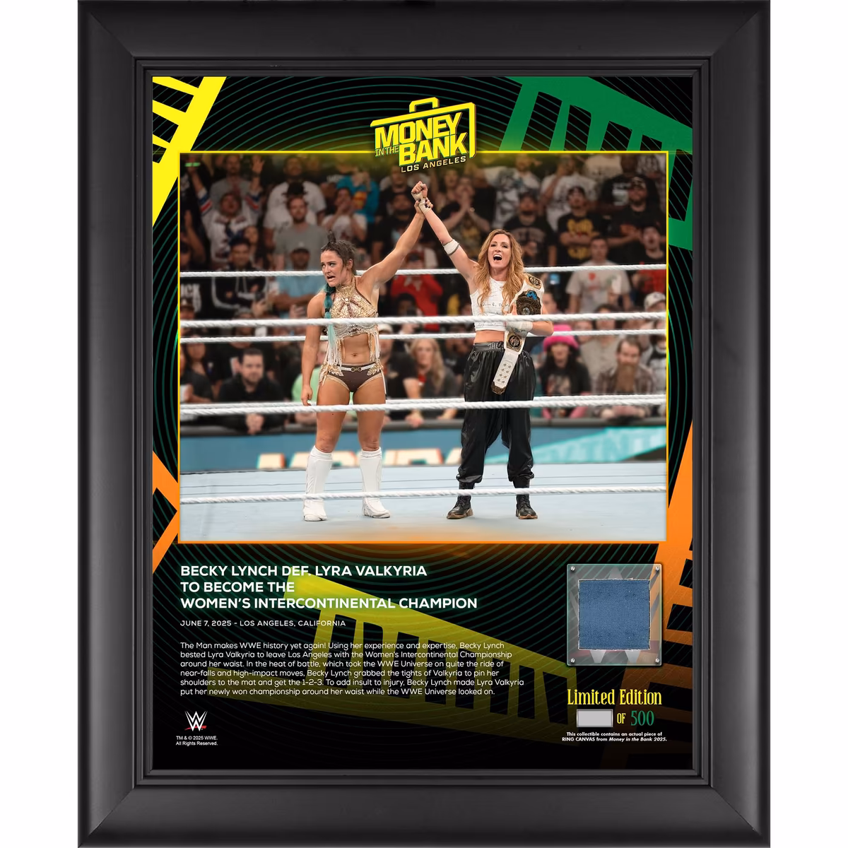 Becky Lynch WWE Framed 13" x 16" 2025 Money In The Bank Collage with a Piece of Match-Used Canvas - Limited Edition of 500 3 Becky Lynch WWE Framed 13" x 16" 2025 Money In The Bank Collage with a Piece of Match-Used Canvas - Limited Edition of 500